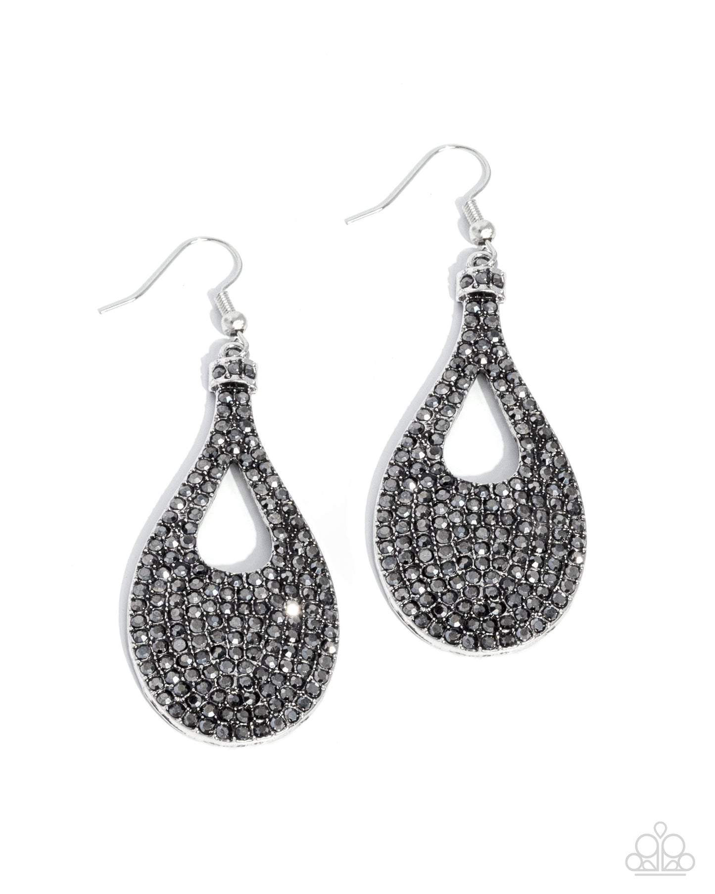 Teardrop Tremolo - Silver Teardrop Hematite Rhinestone Fishhook Earrings - Paparazzi Accessories