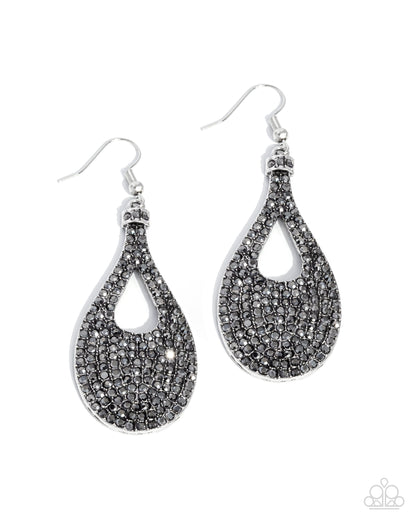 Teardrop Tremolo - Silver Teardrop Hematite Rhinestone Fishhook Earrings - Paparazzi Accessories