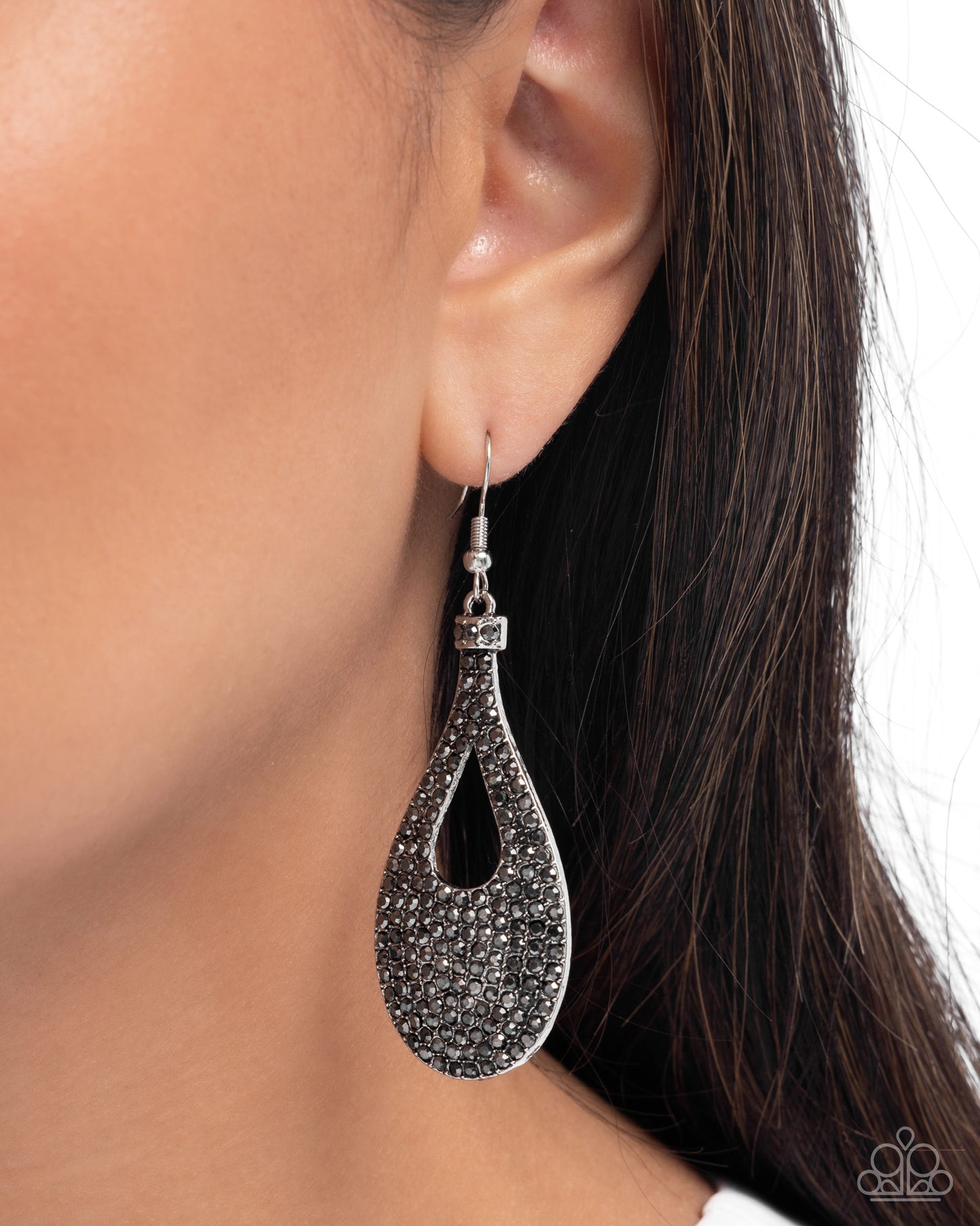Teardrop Tremolo - Silver Teardrop Hematite Rhinestone Fishhook Earrings - Paparazzi Accessories