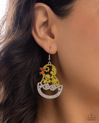 Chick Couture - Yellow, Orange, White Rhinestone Silver Fishhook Earrings - March 2025 Life of the Party Exclusive - Paparazzi Accessories