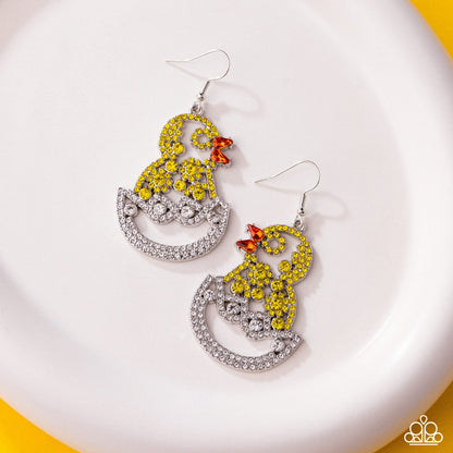 Chick Couture - Yellow, Orange, White Rhinestone Silver Fishhook Earrings - March 2025 Life of the Party Exclusive - Paparazzi Accessories