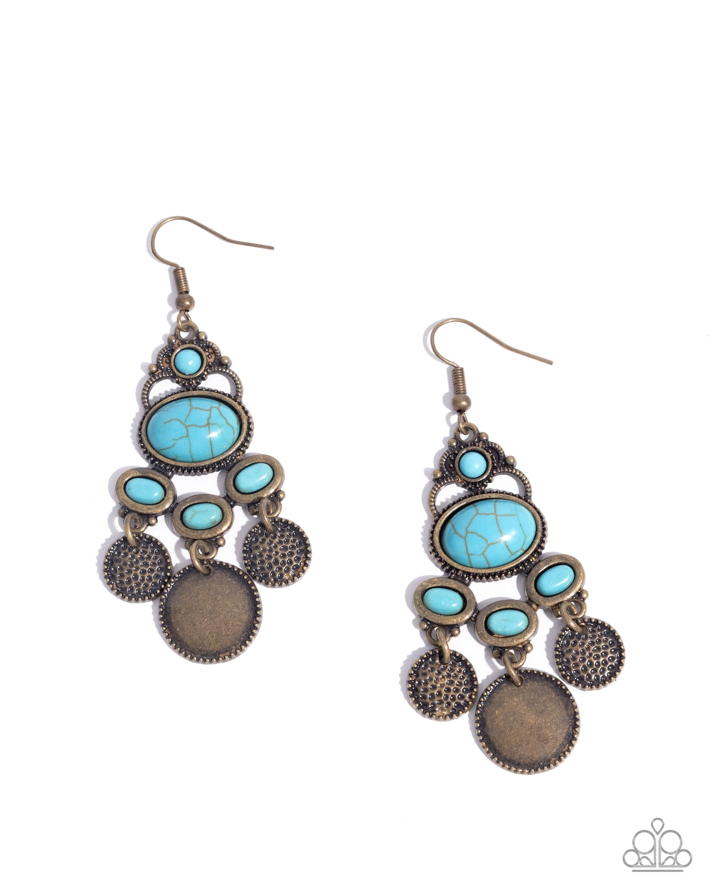 Chandelier Candor - Brass Hammered Discs Turquoise Crackle Stone Fishhook Earrings - Paparazzi Accessories