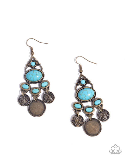 Chandelier Candor - Brass Hammered Discs Turquoise Crackle Stone Fishhook Earrings - Paparazzi Accessories
