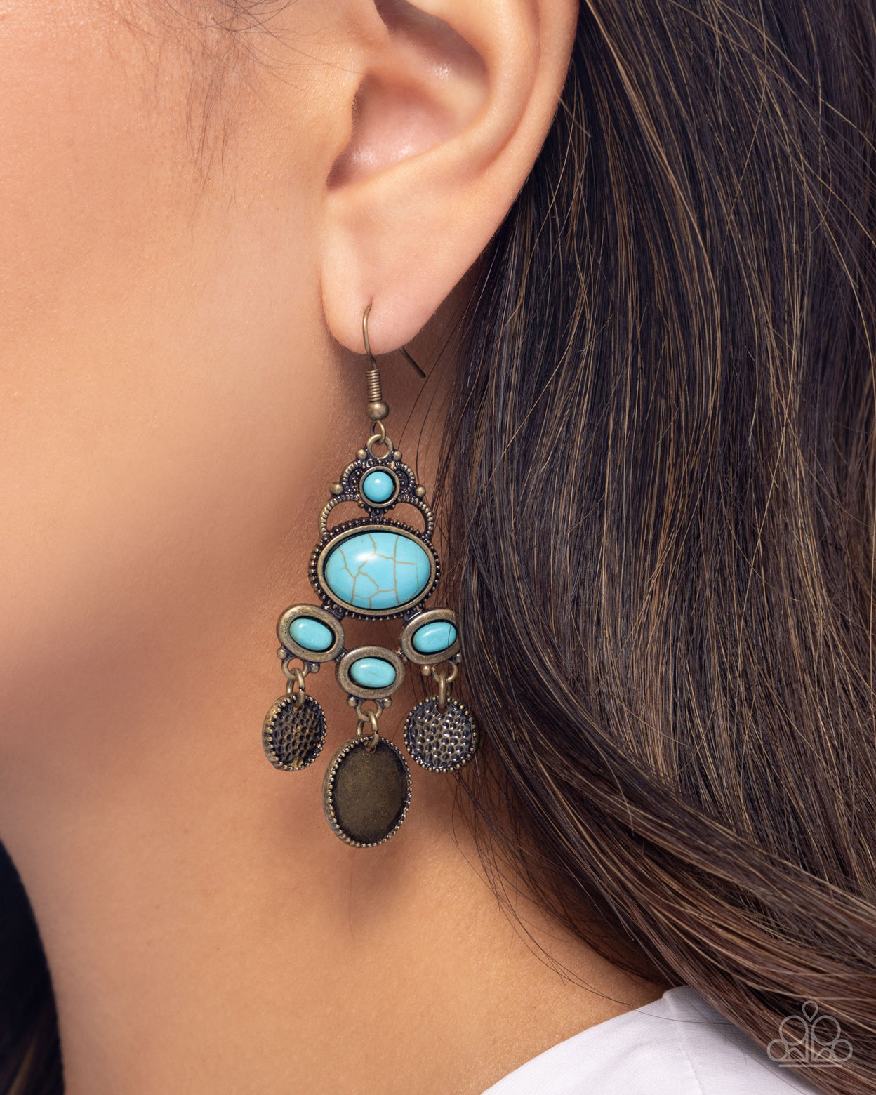 Chandelier Candor - Brass Hammered Discs Turquoise Crackle Stone Fishhook Earrings - Paparazzi Accessories