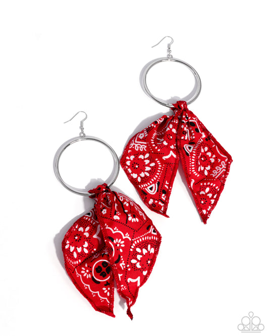 Bandana Belleza - Red Knotted Fabric Silver Fishhook Earrings - Paparazzi Accessories