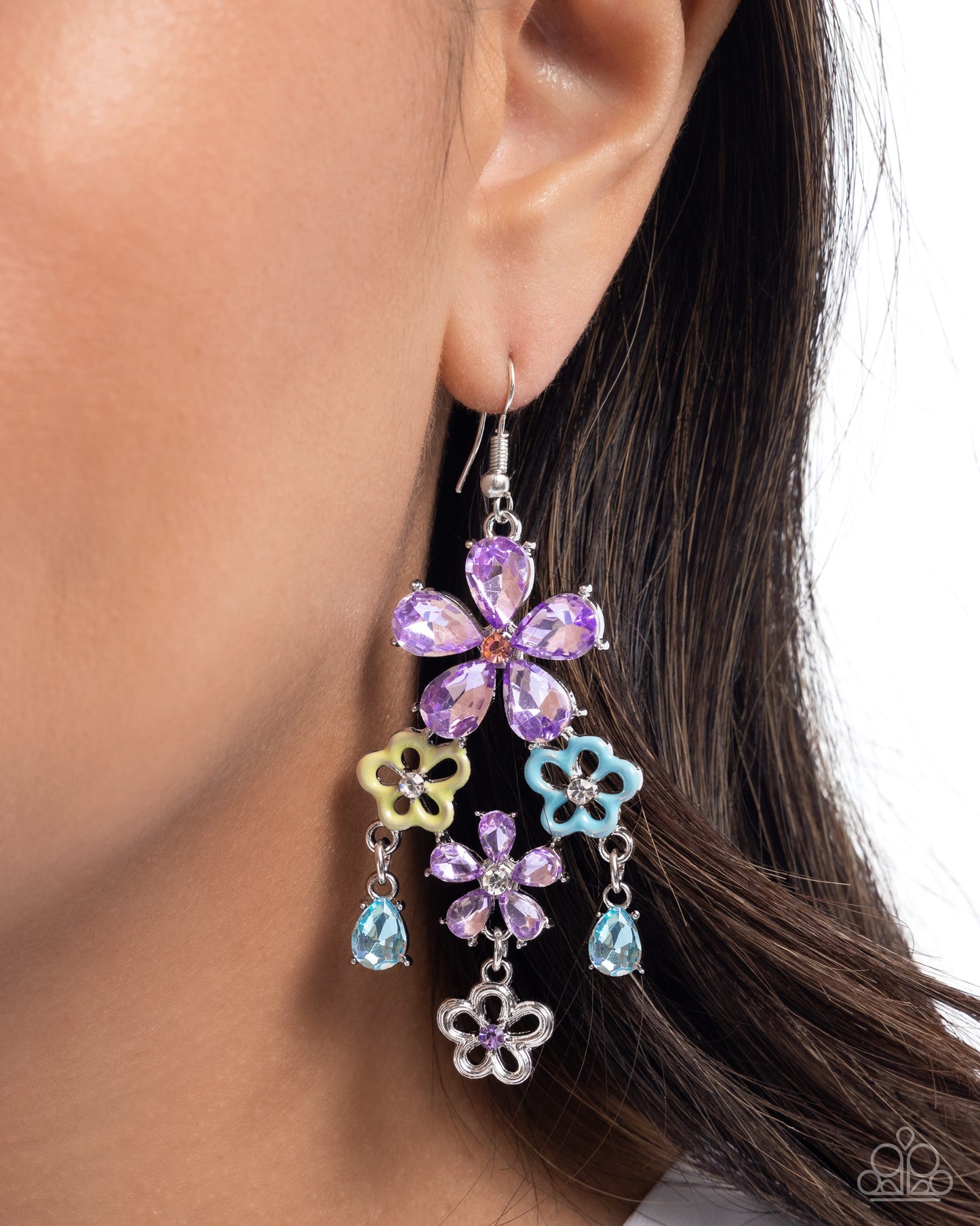 Floral Fountain - Purple Rhinestone Flower Fish Hook Earrings - Paparazzi Accessories