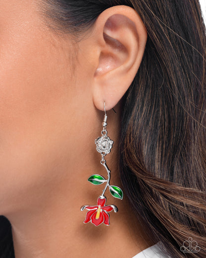 Floral Fractal - Red Enamel Flower Silver Fishhook Earrings - Paparazzi Accessories