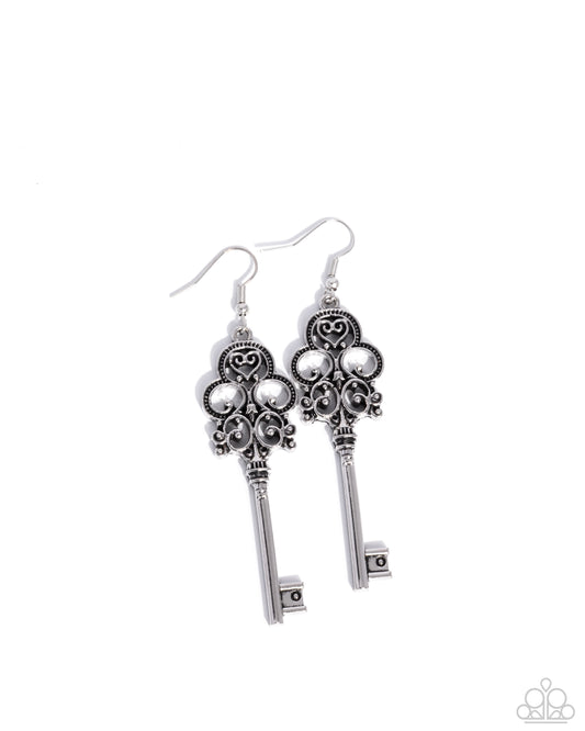 Chateau Chic - Silver Antique Key Fishhook Earrings - Paparazzi Accessories
