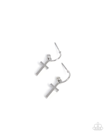 Daily Divinity - Silver Cross Drop Hoop Earrings - Paparazzi Accessories