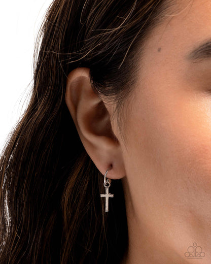 Daily Divinity - Silver Cross Drop Hoop Earrings - Paparazzi Accessories