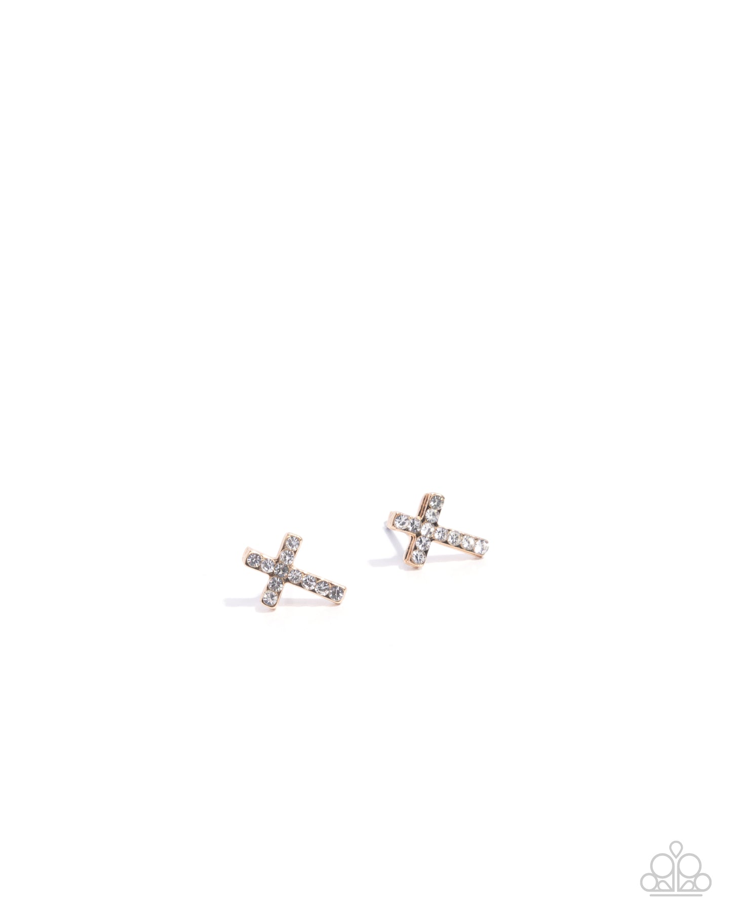Sacred Shimmer - Gold & White Rhinestone Cross Post Earrings - Paparazzi Accessories