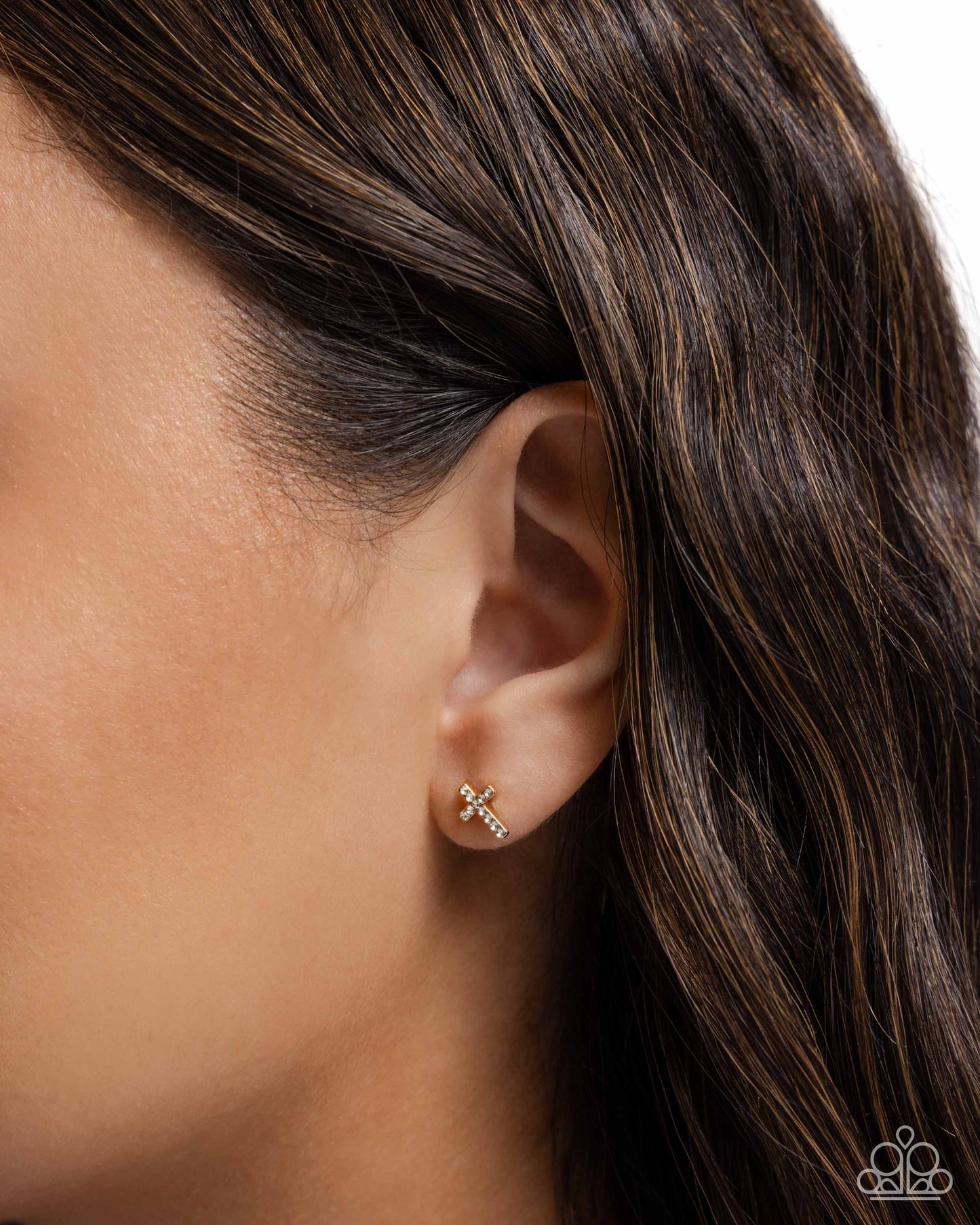 Sacred Shimmer - Gold & White Rhinestone Cross Post Earrings - Paparazzi Accessories