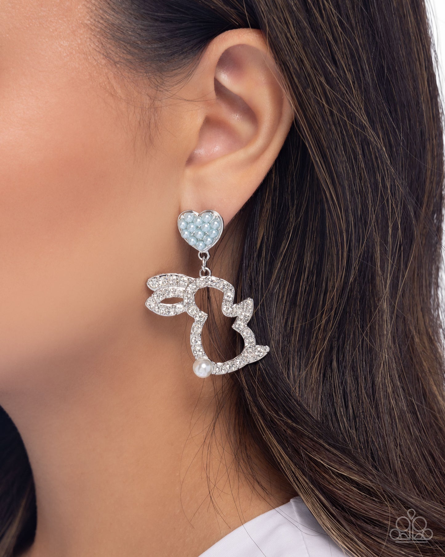 Easter Element - Blue Pearl Heart Rhinestone Bunny Post Earrings - Paparazzi Accessories