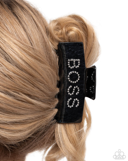 Boss Backdrop - Black Acrylic White Rhinestone Claw Clip - Paparazzi Accessories