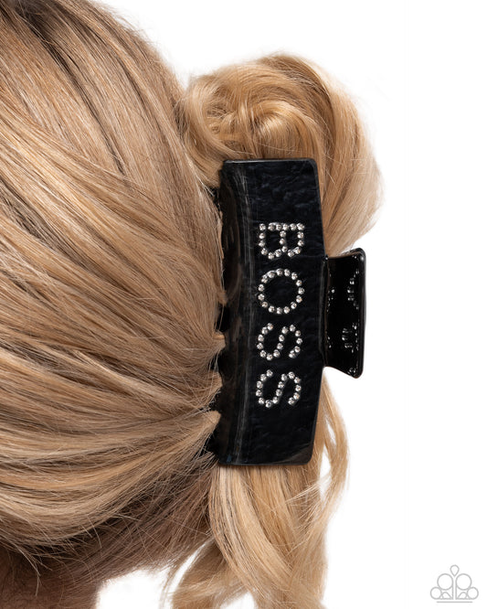 Boss Backdrop - Black Acrylic White Rhinestone Claw Clip - Paparazzi Accessories
