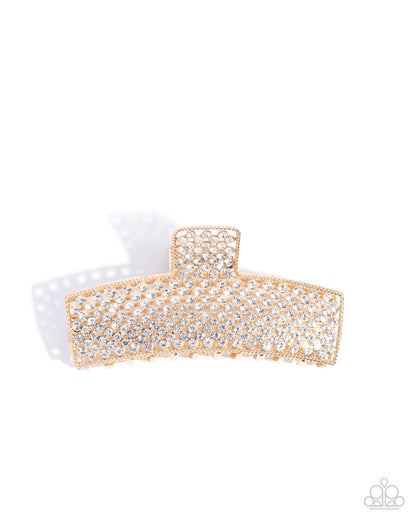 Glittery Gesture - Gold & White Rhinestone Claw Clip - Paparazzi Accessories