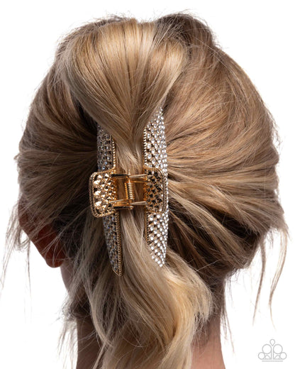 Glittery Gesture - Gold & White Rhinestone Claw Clip - Paparazzi Accessories