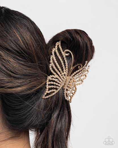 Floating Fanfare - Gold Butterfly Claw Clip - Paparazzi Accessories