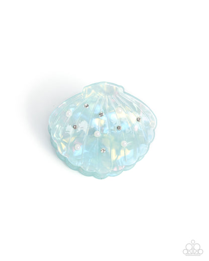 Seashell Scope - Multi - White Pearl & Rhinestone Iridescent Blue Acrylic Shell Claw Clip - Paparazzi Accessories