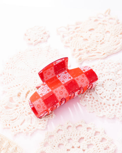 Patchwork Promise - Red Acrylic Claw Clip - Paparazzi Accessories