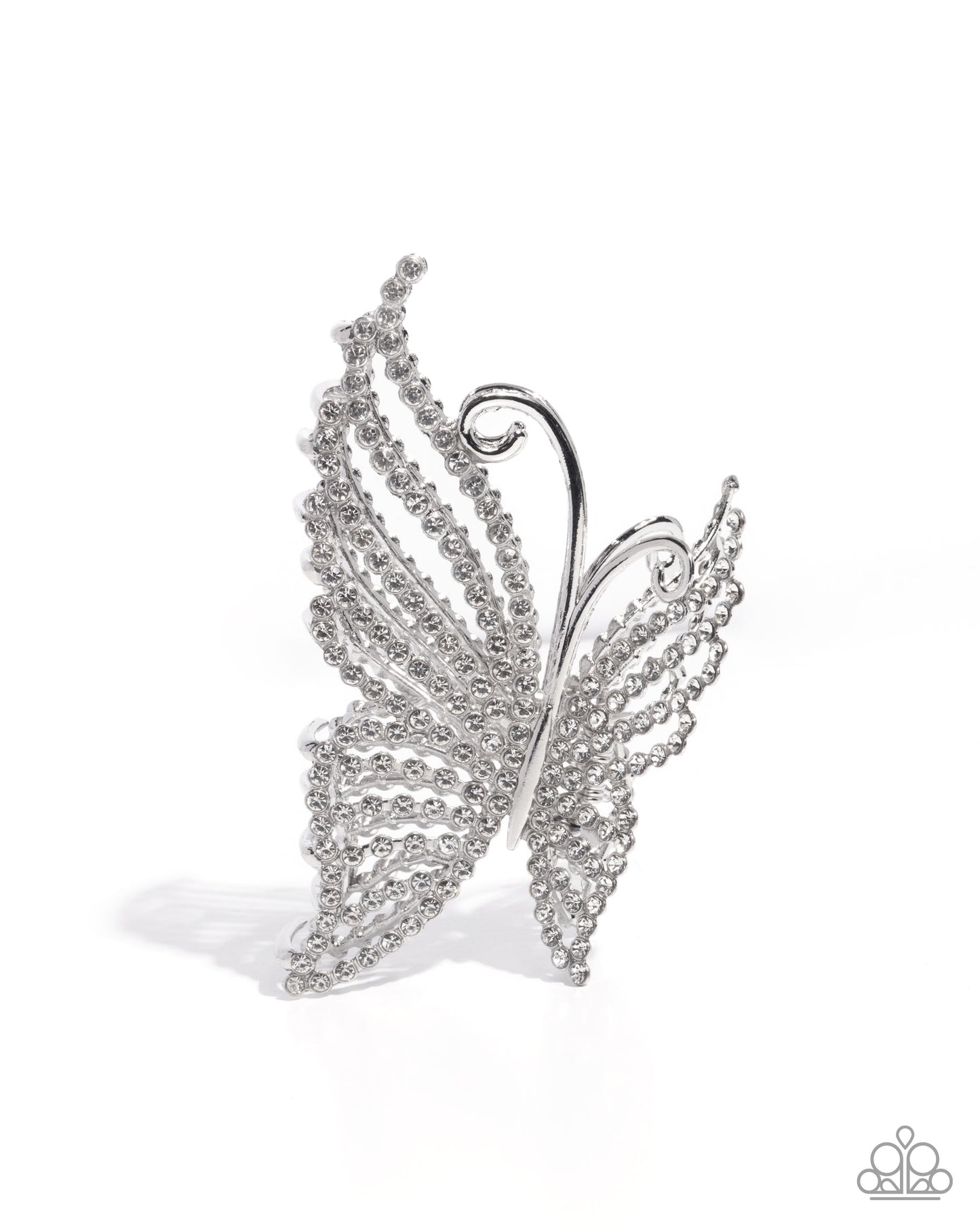 Floating Fanfare - White Rhinestone Silver Butterfly Claw Clip - Paparazzi Accessories