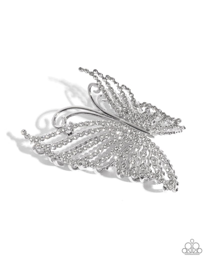 Floating Fanfare - White Rhinestone Silver Butterfly Claw Clip - Paparazzi Accessories