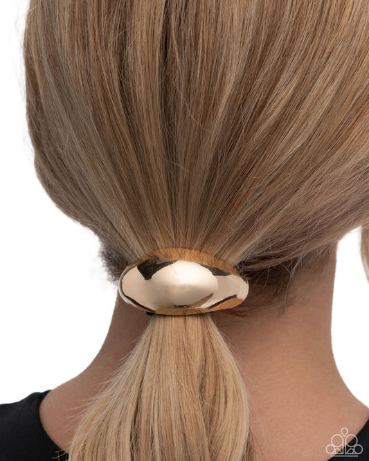 Striking Selfie - Gold Beveled Metal Elastic Hair Tie - Paparazzi Accessories