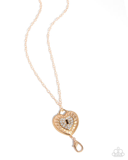 Panoramic Padlock - Gold & White Rhinestone Heart Pendant Lanyard Necklace - Paparazzi Accessories