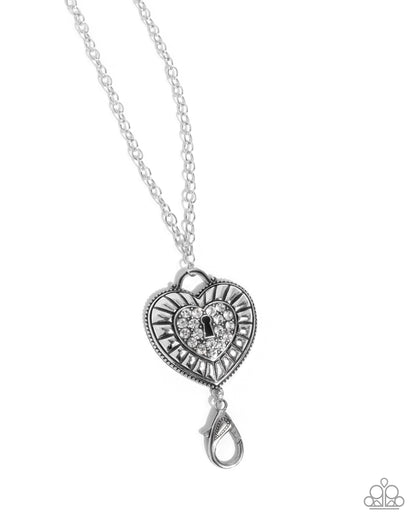 Panoramic Padlock - White Rhinestone Silver Heart Pendant Lanyard Necklace - Paparazzi Accessories