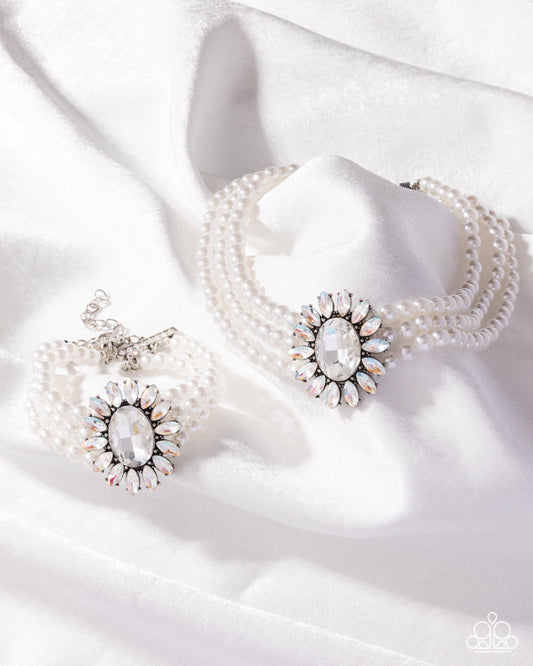 Conscious Chic - Complete Look - White Matching Pearl and Rhinestone Necklace and Bracelet - Paparazzi Accessories