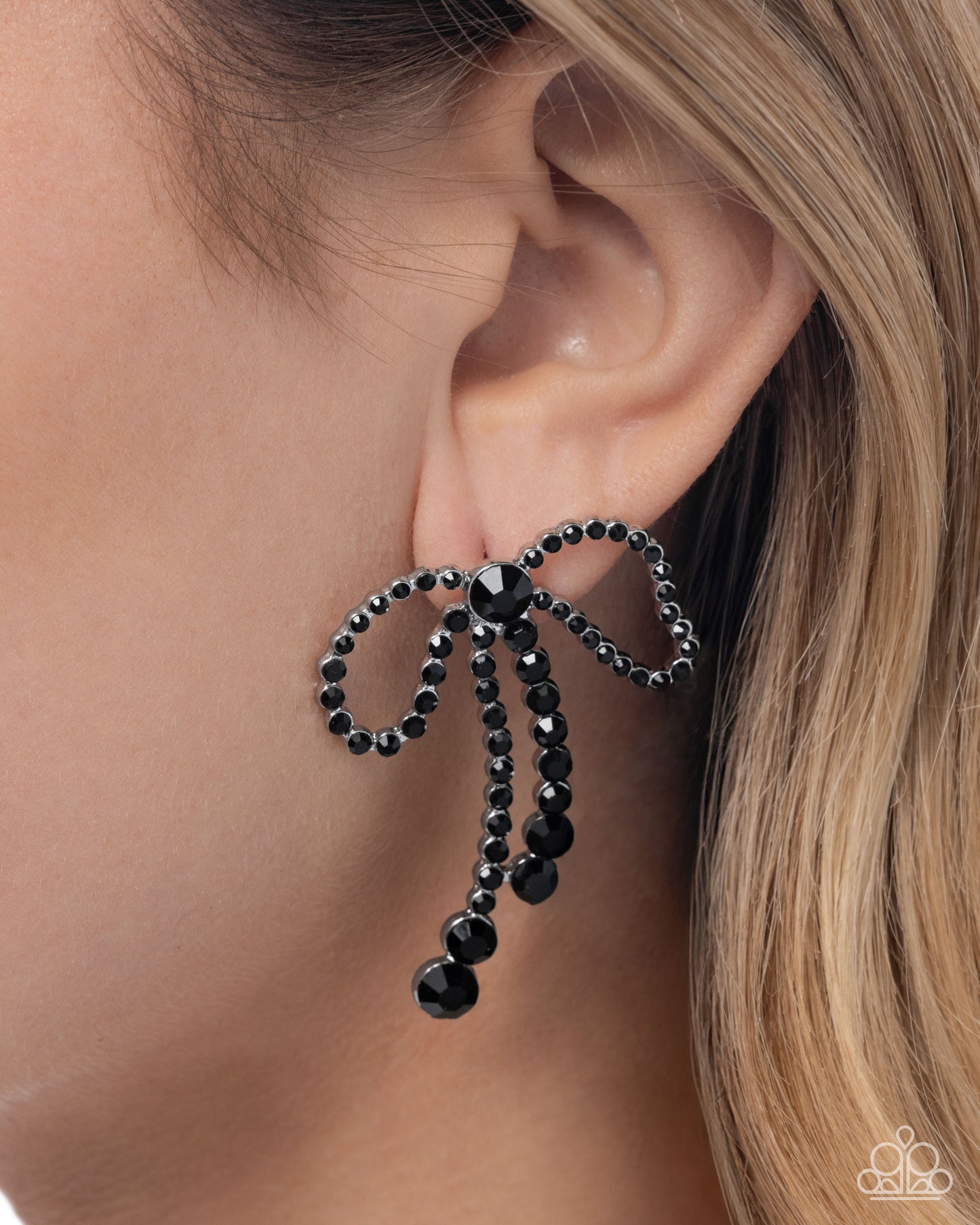 Black Tie Bow - Black Rhinestone Bow Earrings - Paparazzi Accessories