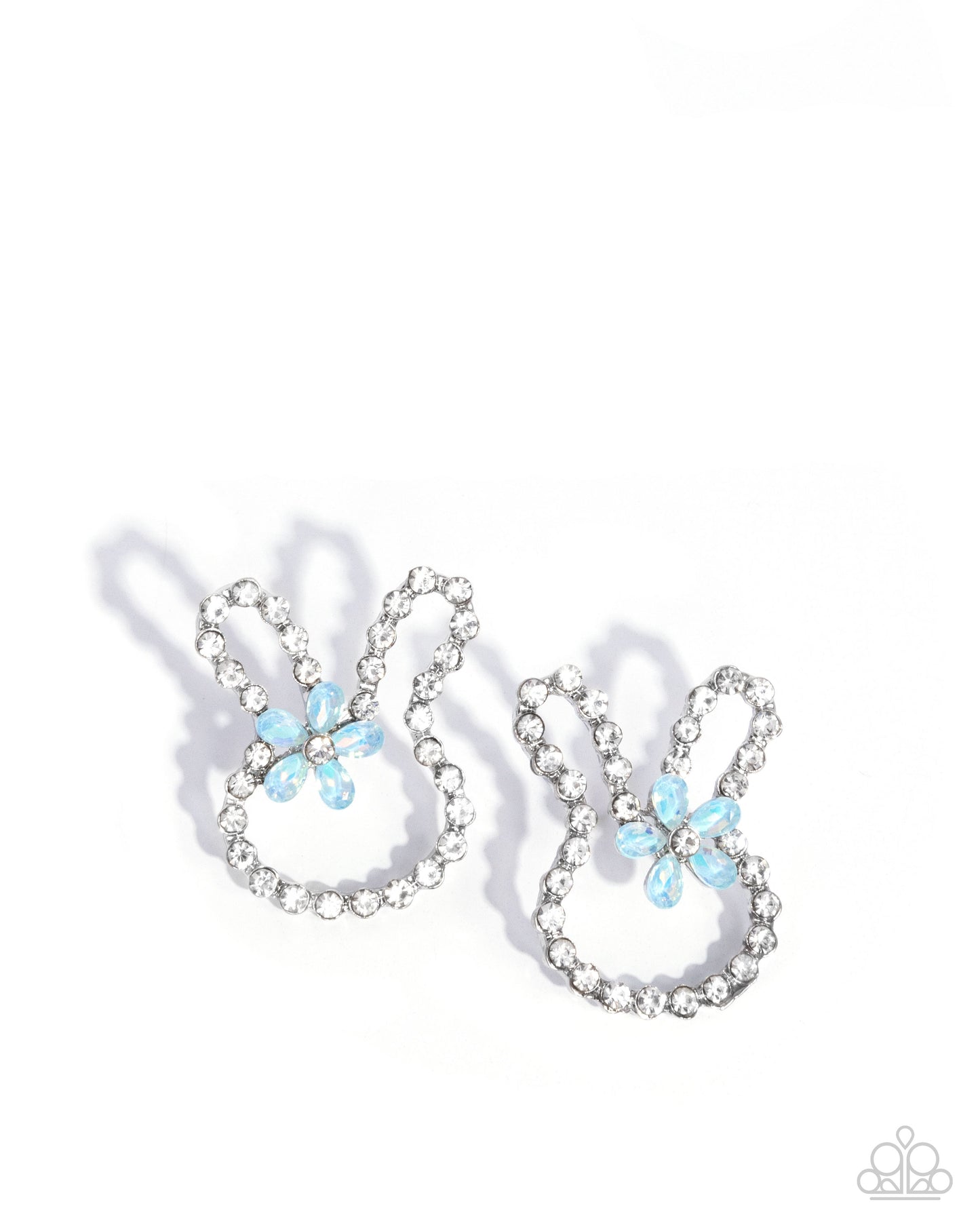 Bunny Backdrop - Blue Opalescent White Rhinestone Silver Rabbit Post Earrings - Paparazzi Accessories