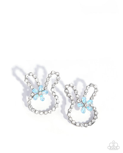 Bunny Backdrop - Blue Opalescent White Rhinestone Silver Rabbit Post Earrings - Paparazzi Accessories