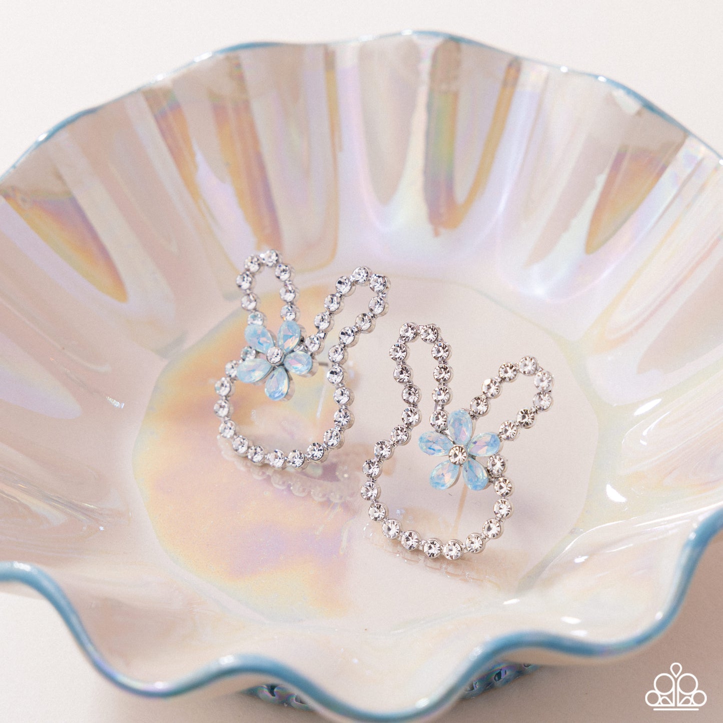 Bunny Backdrop - Blue Opalescent White Rhinestone Silver Rabbit Post Earrings - Paparazzi Accessories