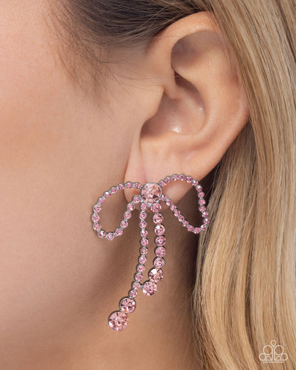 Black Tie Bow - Pink Rhinestone Silver Post Earrings - Paparazzi Accessories