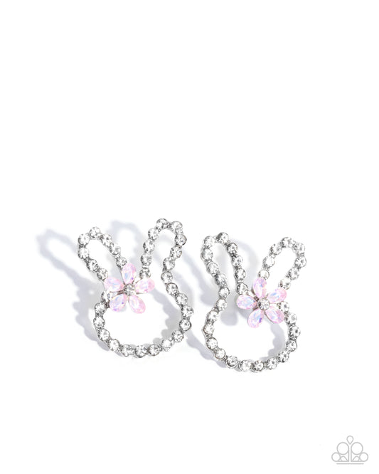 Bunny Backdrop - Pink Opalescent White Rhinestone Silver Rabbit Post Earrings - Paparazzi Accessories