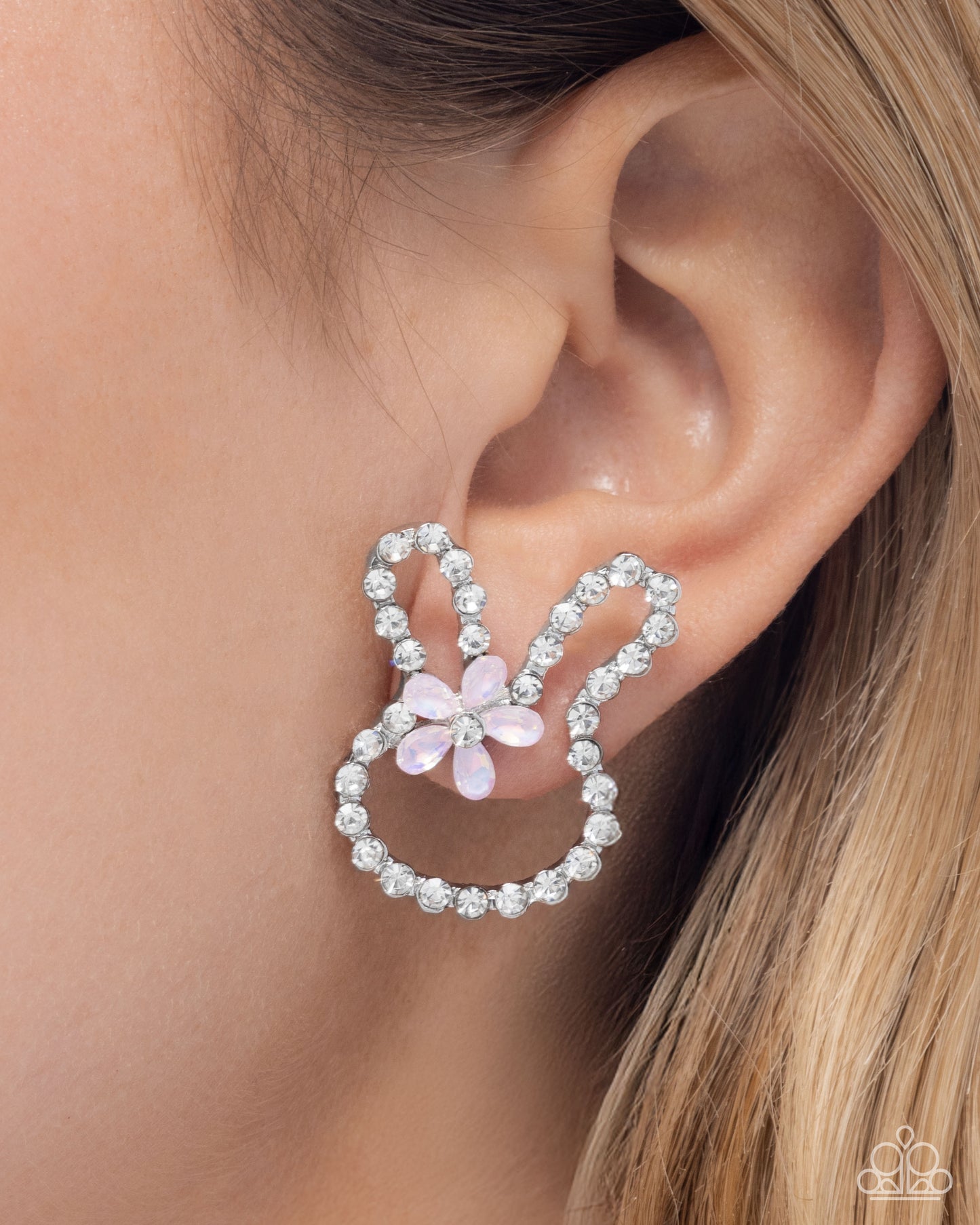 Bunny Backdrop - Pink Opalescent White Rhinestone Silver Rabbit Post Earrings - Paparazzi Accessories