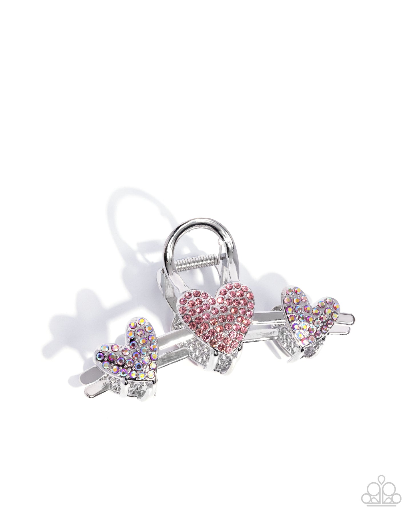 Romantic Rampage - Pink Iridescent Rhinestone Hearts Silver Claw Clip - Paparazzi Accessories