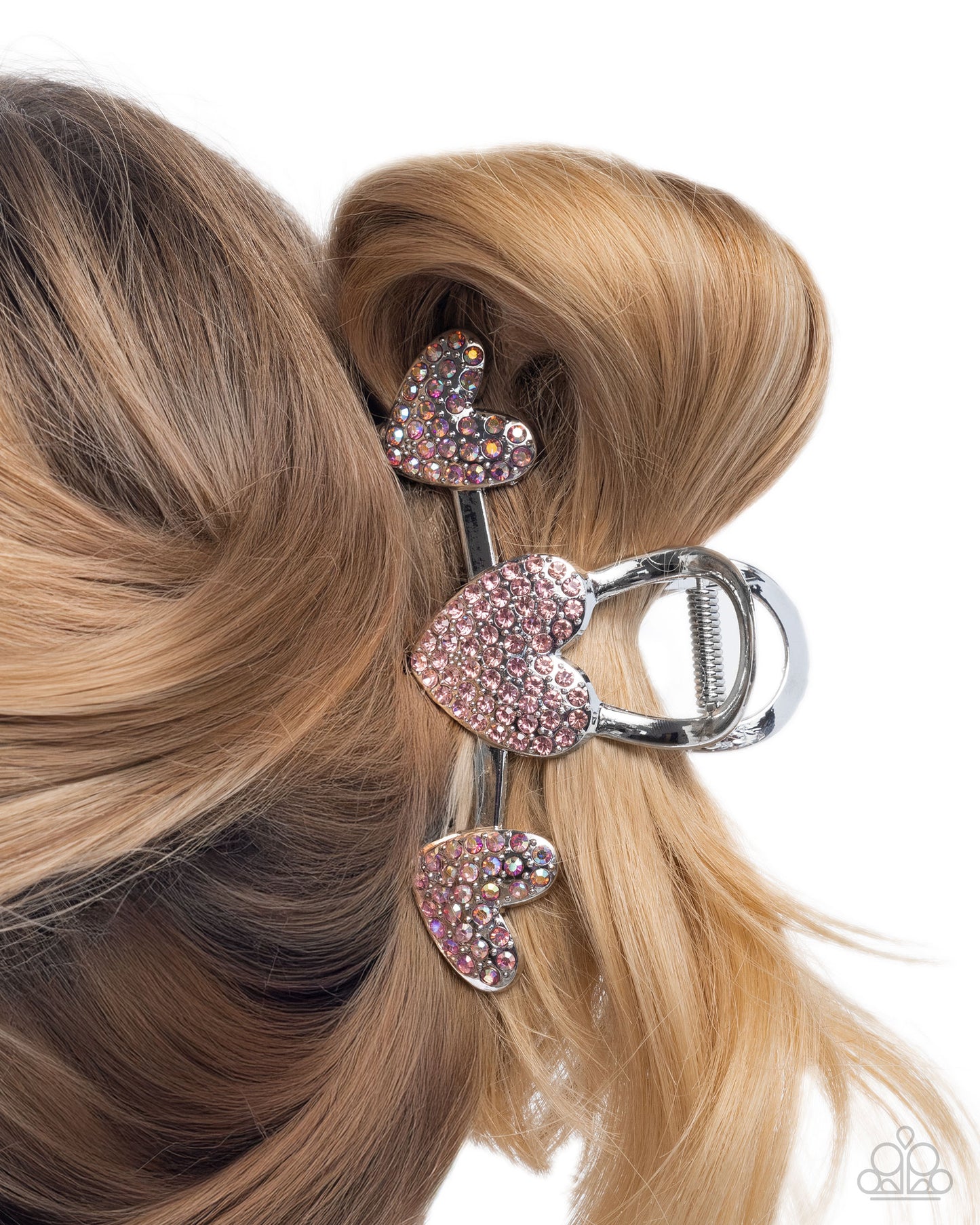Romantic Rampage - Pink Iridescent Rhinestone Hearts Silver Claw Clip - Paparazzi Accessories