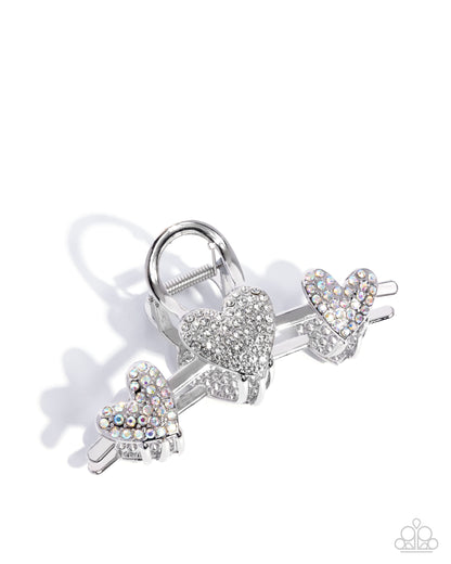 Romantic Rampage - White Iridescent Rhinestone Hearts Silver Claw Clip - Paparazzi Accessories
