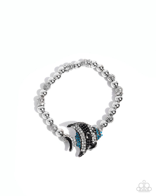 Admirable Angelfish - Blue Rhinestone Fish Silver Stretchy Bracelet - Paparazzi Accessories