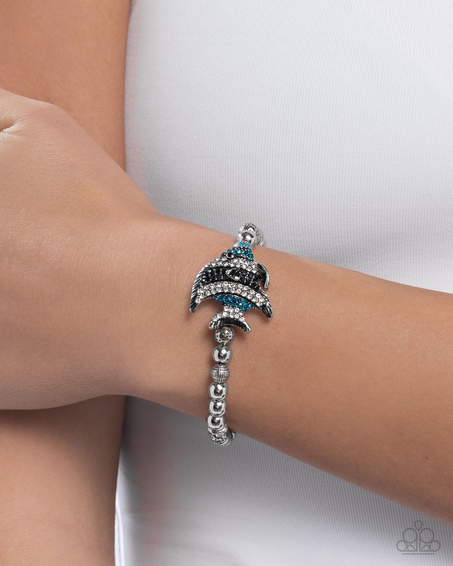 Admirable Angelfish - Blue Rhinestone Fish Silver Stretchy Bracelet - Paparazzi Accessories