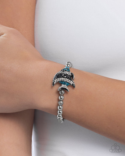 Admirable Angelfish - Blue Rhinestone Fish Silver Stretchy Bracelet - Paparazzi Accessories