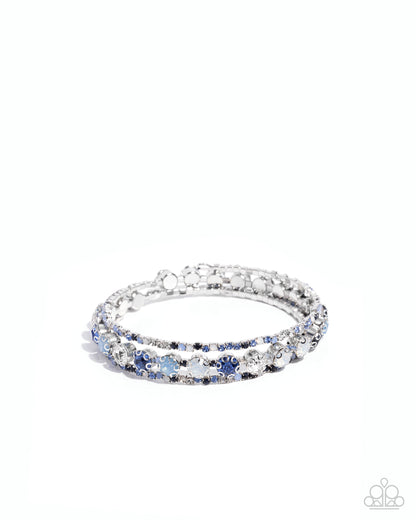 Shimmery Sample - Blue Rhinestone Silver Coil Bracelet - Paparazzi Accessories