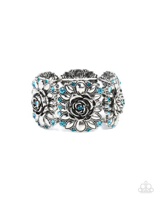 Blooming Balance - Blue Rhinestone Silver Rose Stretchy Bracelet - Paparazzi Accessories