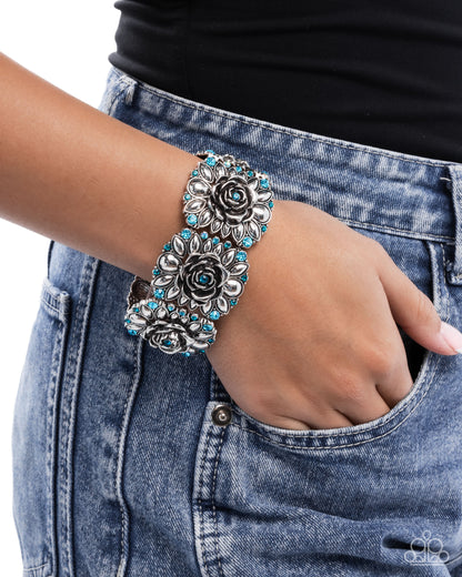 Blooming Balance - Blue Rhinestone Silver Rose Stretchy Bracelet - Paparazzi Accessories