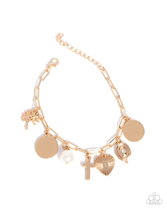 Charm Commitment - Gold Cross Charm White Pearl Clasp Bracelet - Paparazzi Accessories