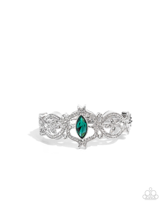 Courtly Coquette - Green Rhinestone, Silver Hinge Bracelet - Paparazzi Accessories