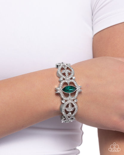 Courtly Coquette - Green Rhinestone, Silver Hinge Bracelet - Paparazzi Accessories