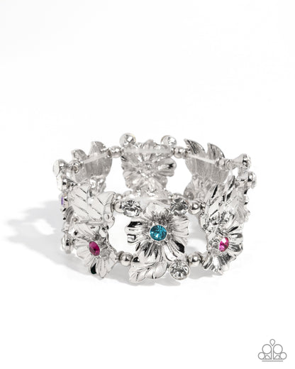 Head-Turning Harmony - Multi Iridescent Rhinestone Silver Flower Stretchy Bracelet - June 2025 Life of the Party Exclusive - Paparazzi Accessories
